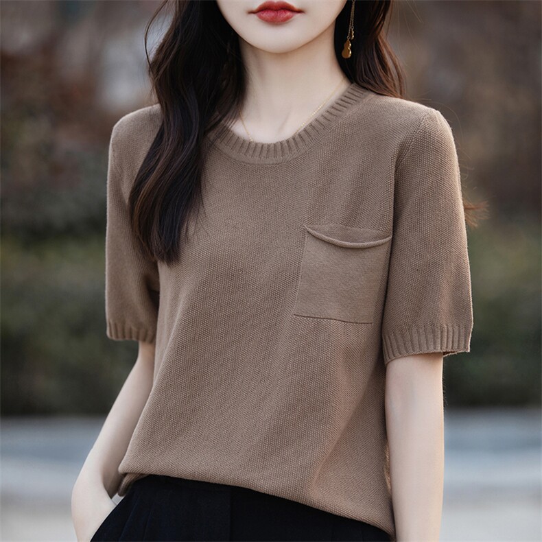 女圆领T恤纯色复古宽松文艺休闲纯棉线针织短袖大码全棉半袖上衣,针织衫/毛衣,斯美雅电商供货