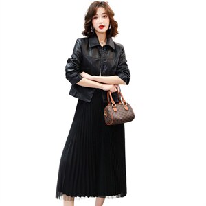 现货2023春季新款时尚气质显瘦潮流衬衫领皮衣外套女图片