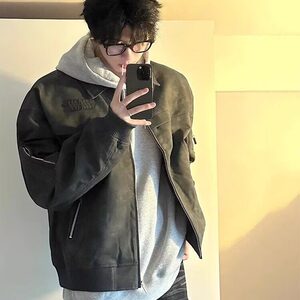 扎染皮衣外套男美式复古高街水洗上衣春秋款潮牌痞帅炸街夹克