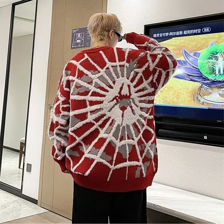 毛衣男士秋冬新款美式高街痞帅蜘蛛提花慵懒风宽松套头针织衫线衣图片