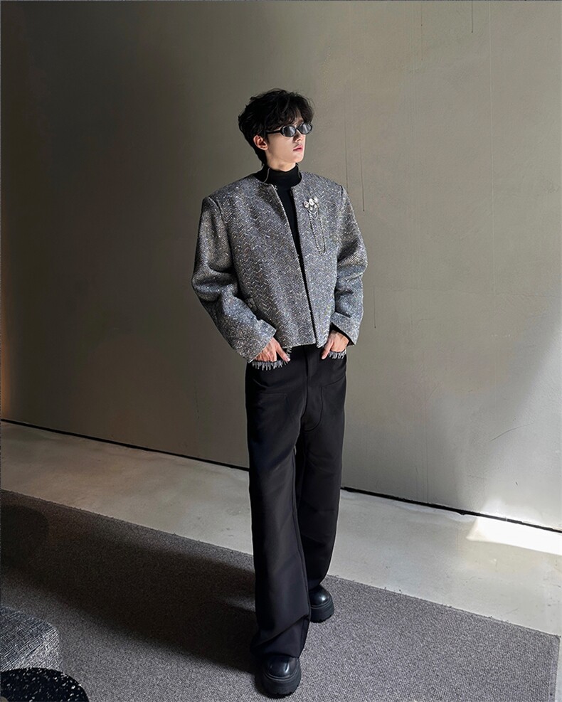 25秋冬男士烫钻满天星胸针小香风条纹英伦风毛呢外套XXF34-P168,男装毛呢大衣,电商B288