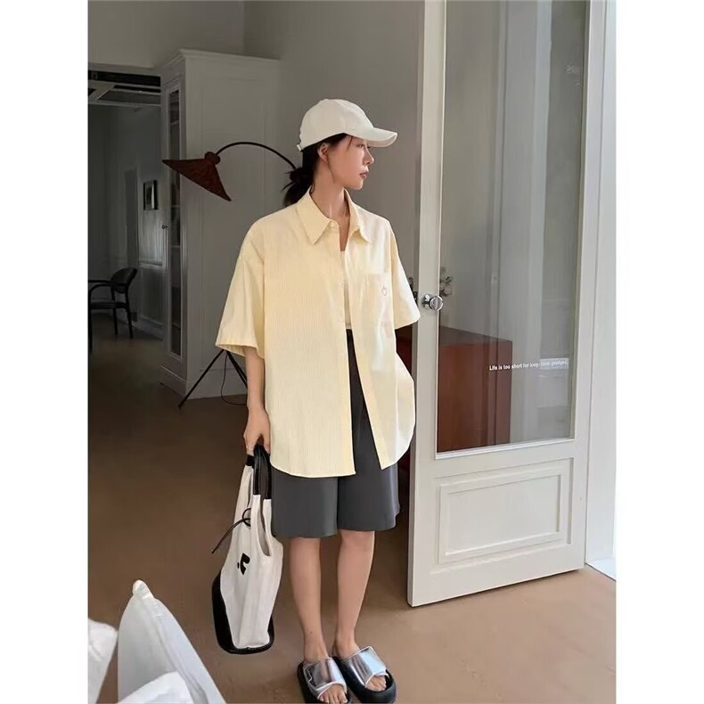 美式宽松条纹短袖衬衫2025夏季情侣装休闲半袖衬衣上衣外套,男装T恤,星座506A