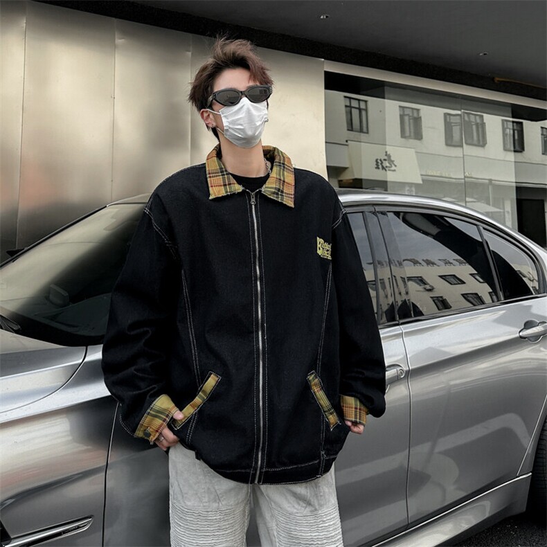 潮牌格子撞色翻领牛仔外套男女同款春秋季情侣夹克上衣JK03365图片