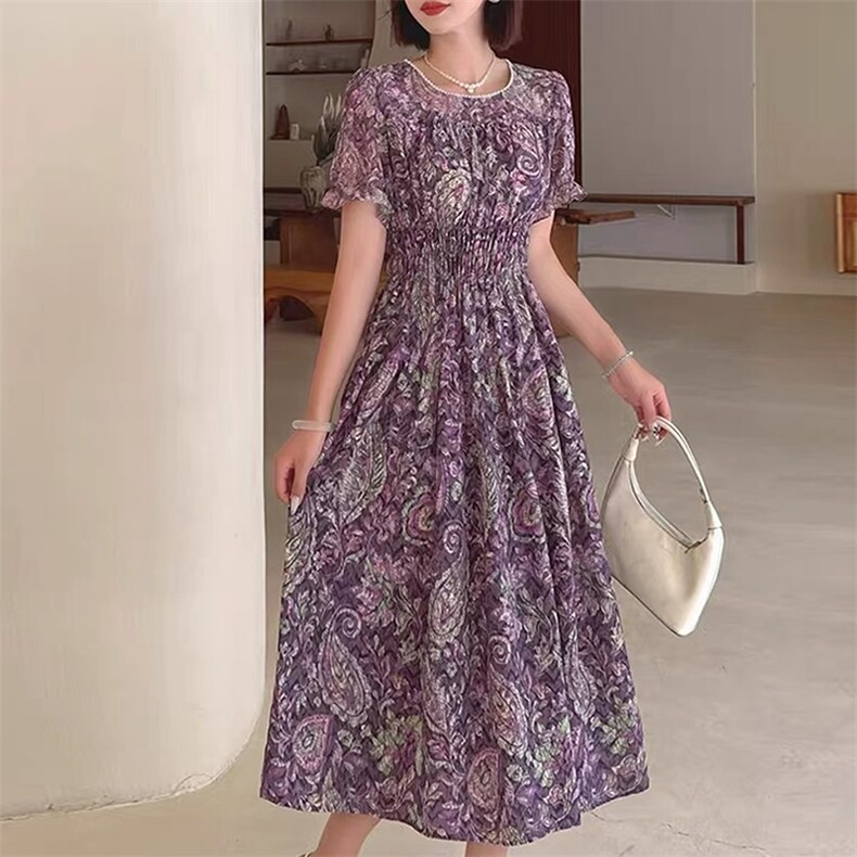 （现货）紫色碎花收腰显瘦V领连衣裙子夏款中长款连衣裙女装,女装连衣裙,韩蔻秀