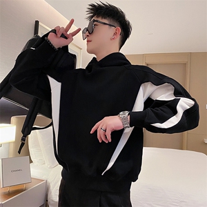 AW96/P78控108秋季社会小伙连帽拼接撞色结构长袖卫衣男黑首图片