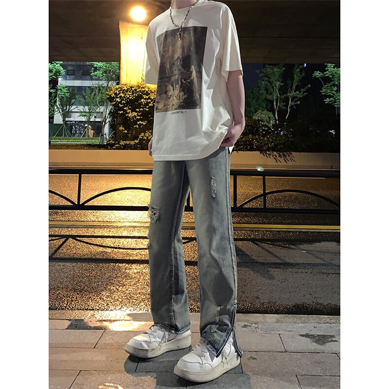 欧美hiphop街头破洞牛仔裤直筒微喇叭修身vibe美式乞丐裤潮牌图片