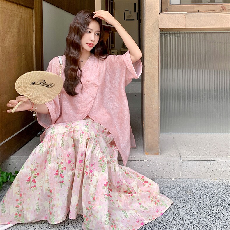 新中式国风粉色衬衫碎花半身裙套装女夏季甜美显瘦今年流行两件套,女装套装/套裙,2C332