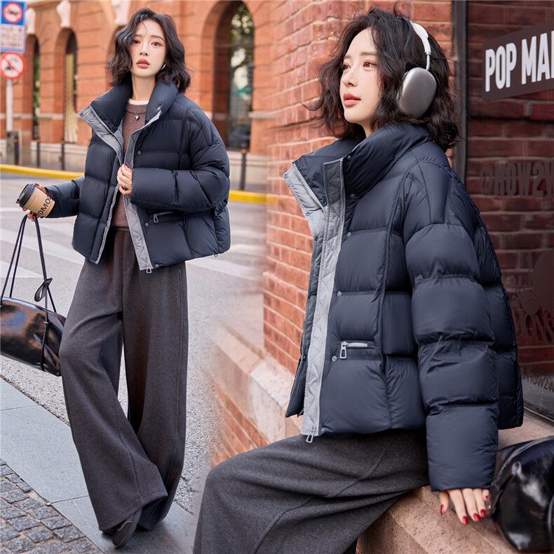 现货新款藏青色短款羽绒服女2025休闲宽松冬装外套，女装羽绒服，梦懿尔