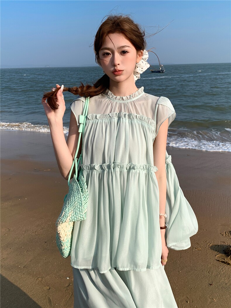 水衣源2729款纯色木耳边荷叶袖A字小衫阔腿裤冰爽套装女夏,女装套装/套裙,衣秀之家