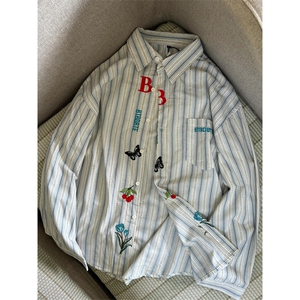 网图有货 美式复古条纹衬衫男宽松刺绣休闲情侣衬衣女 A317-P48图片