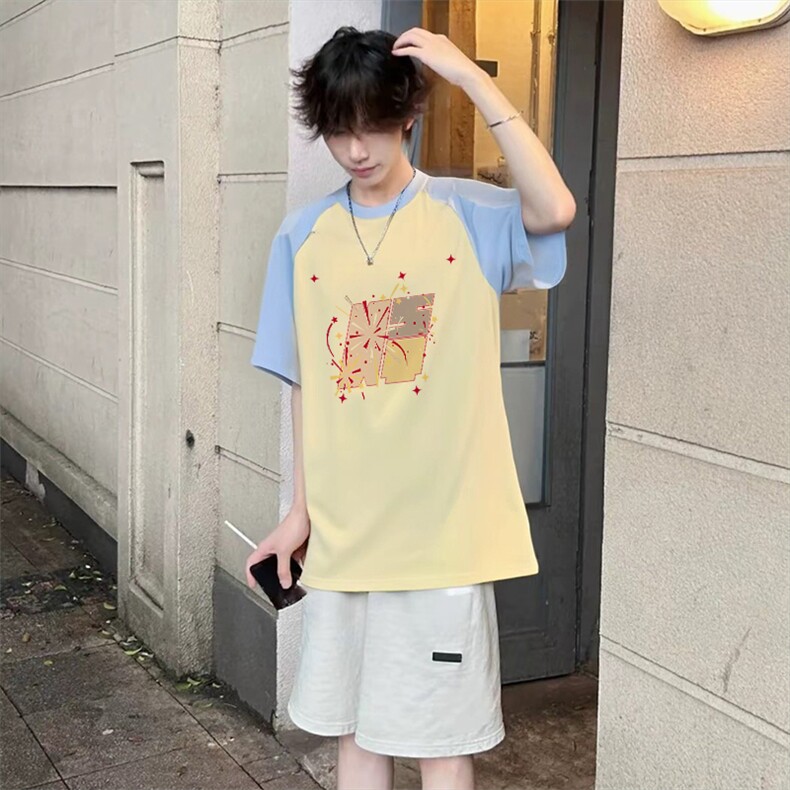 抖音得物高品质二开240克宽松纯棉美式潮牌插肩袖拼接短袖T恤,男装T恤,电商A486