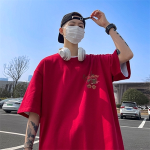 玫瑰印花短袖男款2024本命年红色t恤美式复古重磅纯棉大码5分半袖图片