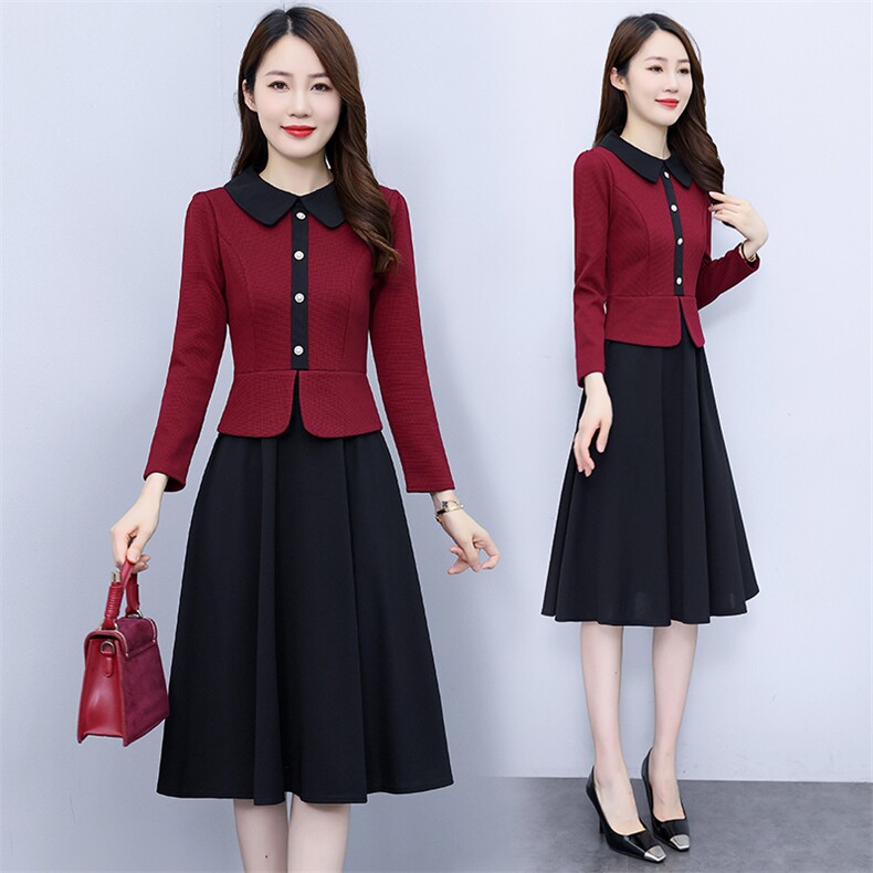 现货可推2024春季新款中老年气质优雅假两件拼接长袖连衣裙女，女装连衣裙，时尚风爆