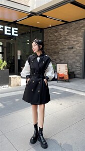 韩版泡泡袖衬衫风衣背心裙两件套图片