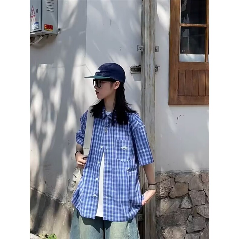 夏季日系复古气质格子短袖衬衫男女同款学院风休闲半袖衬衣上衣,男装T恤,星座1210-1