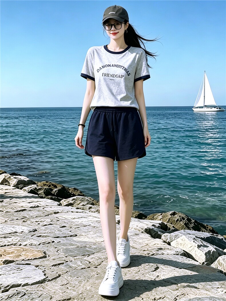 休闲时尚运动套装女夏新款圆领字母印花短袖上衣蓝色短裤两件套潮,女装套装/套裙,江南