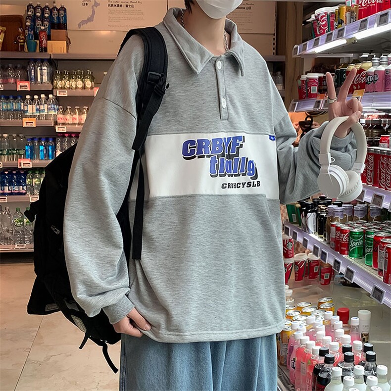卫衣男潮ins春季Polo衫长袖字母拼接港风美式复古上衣W2597-P32,男装卫衣,星座512-2
