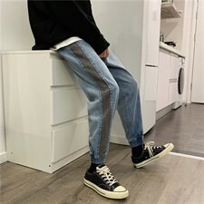 拼色裤子男生原宿风韩版撞色直筒牛仔裤ins港风百搭潮牌束脚裤，男装牛仔裤，星座813-2