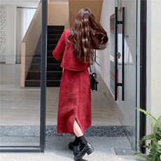 红色韩系小香风毛呢外套半身裙女秋冬2025新款一整套ootd气质穿搭，女装套装/套裙，2C206