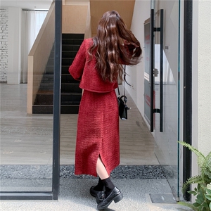 红色韩系小香风毛呢外套半身裙女秋冬2025新款一整套ootd气质穿搭图片