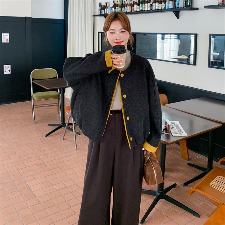 撞色拼接圆领毛呢外套女2025秋冬新款盐甜系宽松百搭小个子呢大衣,女装短外套,2C095