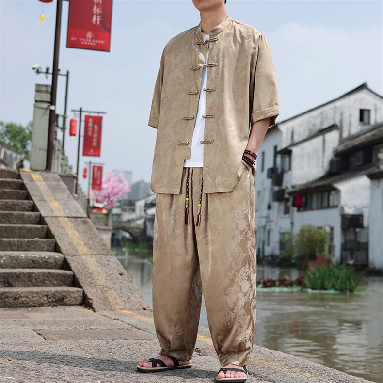 风七分袖立领衬衫2025夏季新款休闲长裤套装TZ100-P110,男装衬衫,电商A008