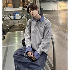 W07-P48衬衫领假两件卫衣男春秋季设计感松弛感风长袖T恤打底衫，男装T恤，电商B323A