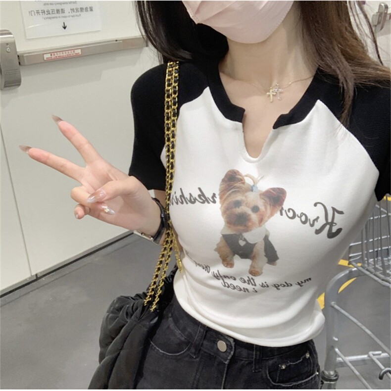 美式复古短袖T恤女夏季V领纯棉修身短款上衣ZT5965-P38,女装T恤,电商B245