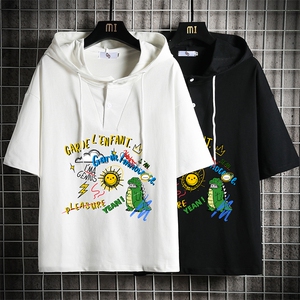 LD54219-P45 连帽短袖t恤男大码胖子带帽五分袖中袖 网格挂拍图片