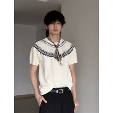 网图现货新增黑色费尔岛针织短袖t恤男女老钱风上衣A602-P45，男装T恤，星座1505