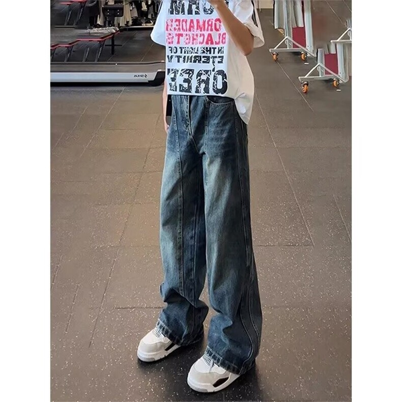 水洗复古解构弯刀牛仔裤男女春秋新款美式宽松阔腿廓形拖地裤子,男装牛仔裤,星座601-1