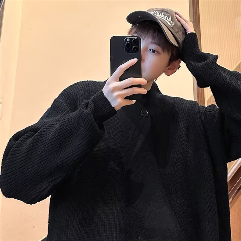 冬季老钱风V领针织开衫男款日系简约慵懒感宽松休闲道袍外套BX019图片