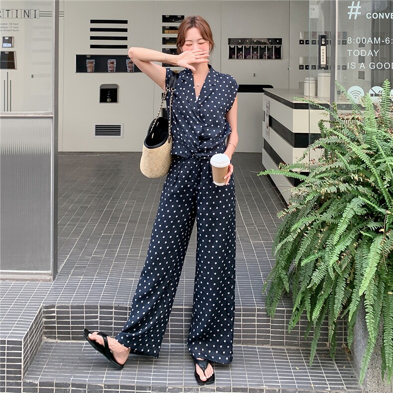 《现货26夏上新》100%苎麻波点无袖长裤气质舒适透气两件套女，女装套装/套裙，苗苗