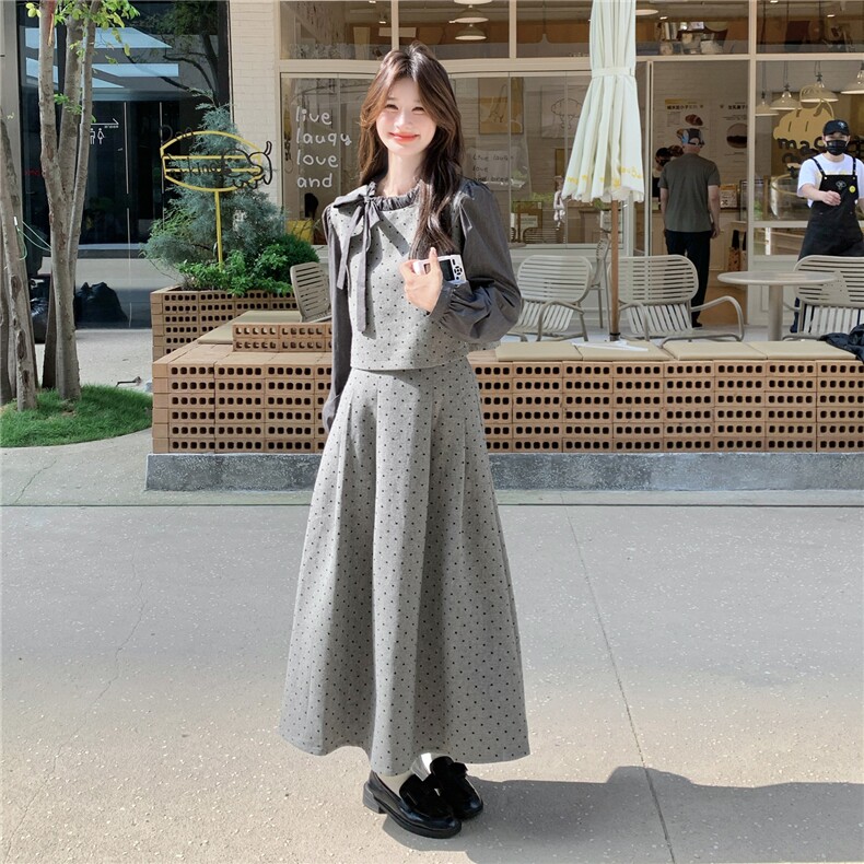 韩系小香风波点套装裙女秋高级感巨好看名媛气质上衣半身裙两件套,女装套装/套裙,2C111