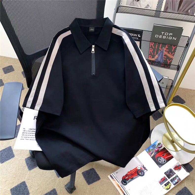 得物300克重磅纯棉宽松撞色打底短袖拉链POLO衫T恤男RH5035-特P40图片