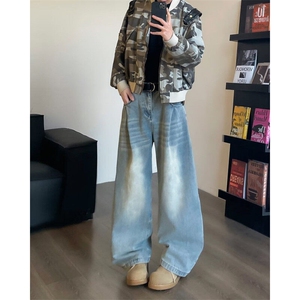 美式高街蓝色阔腿牛仔裤男宽松直筒垂感vibe休闲裤子RK2521-P50图片