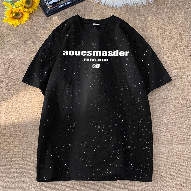 抖音得物供货现货美式潮美式满天星亮片潮牌宽松印花T恤AMTX01,男装T恤,电商A443