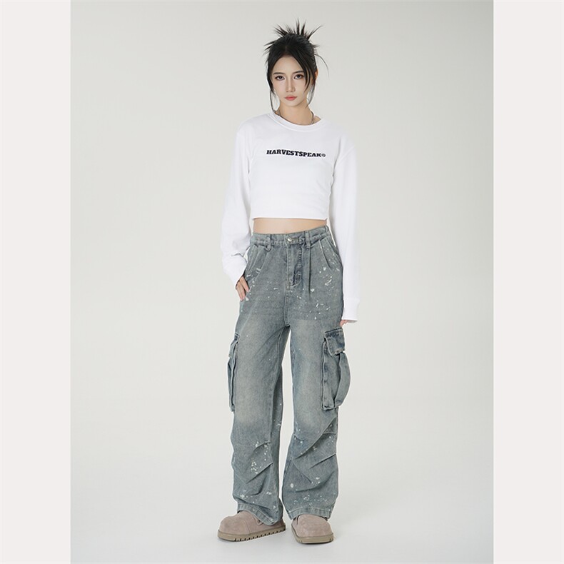 泼墨水洗牛仔裤男女vibe美式复古工装长裤秋季潮牌宽松阔腿拖地裤,男装牛仔裤,星座410-7