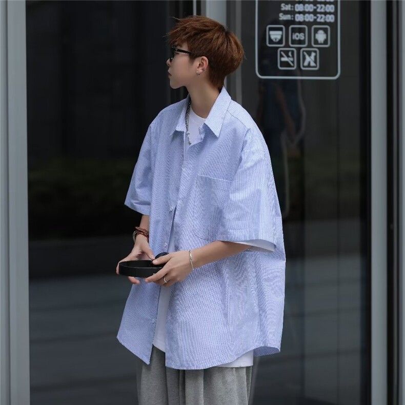 日系五分袖春夏季新款衬衫潮流慵懒男方领宽松型衬衫C4031P28,男装衬衫,星座1116-2
