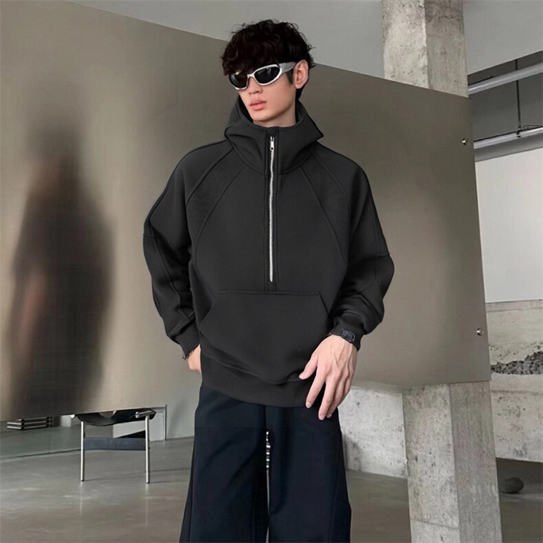 抖音得物二开美式重磅宽松结构拉链设计防风高领连帽卫衣外套W76,男装卫衣,电商A486-1