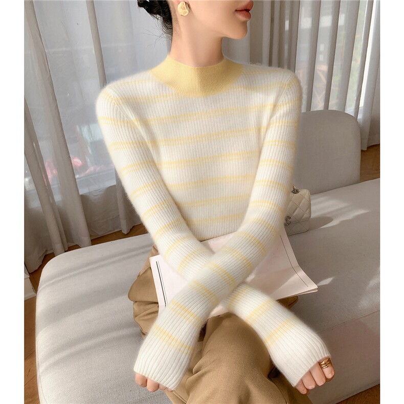 减龄撞色条纹~软糯小山羊绒衫女半高领长袖保暖修身针织打底毛衣,女装羊毛衫,拓驰羊绒