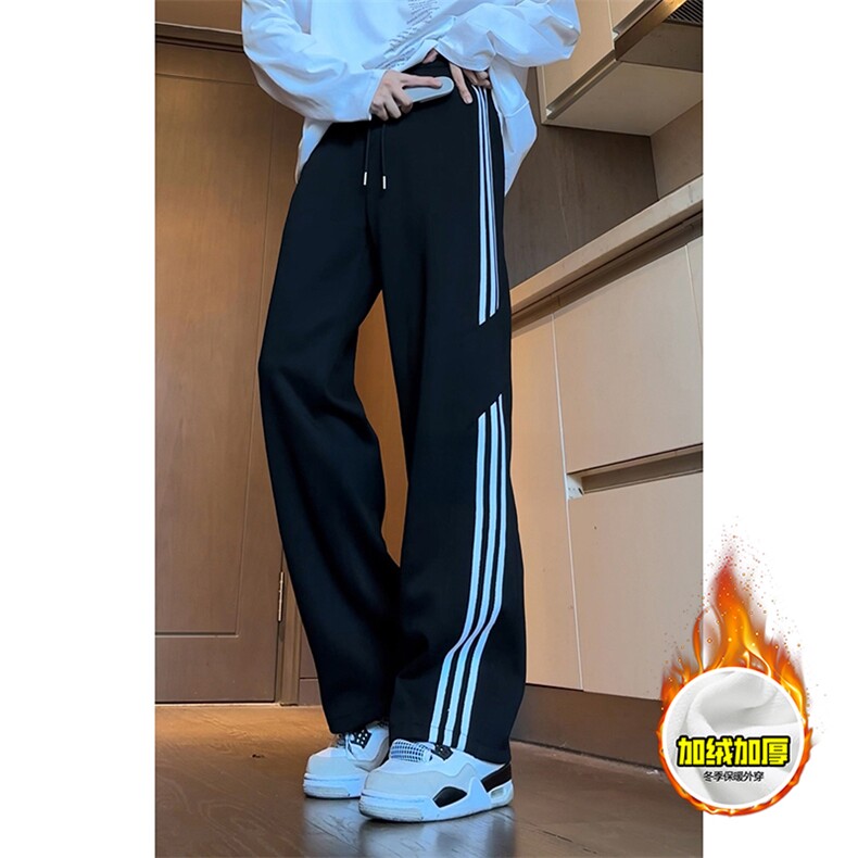抖音得物高品质秋冬重磅加绒潮流运动三条杠宽松直筒休闲卫裤K360，男装休闲裤，电商A486-1