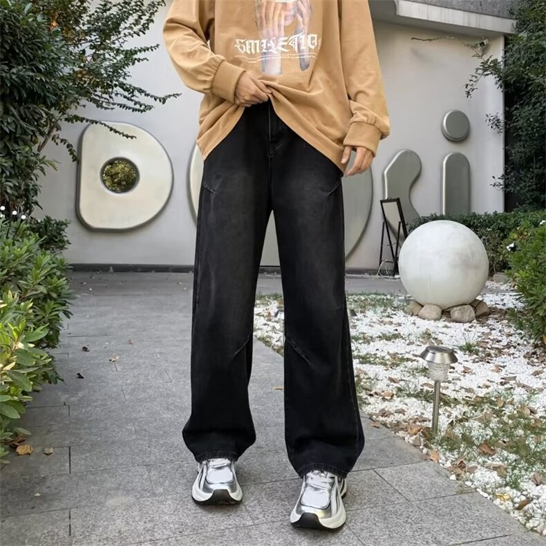 美式复古牛仔裤男春秋潮牌cleanfit宽松阔腿裤百搭高街设计感长裤,男装牛仔裤,星座601-1