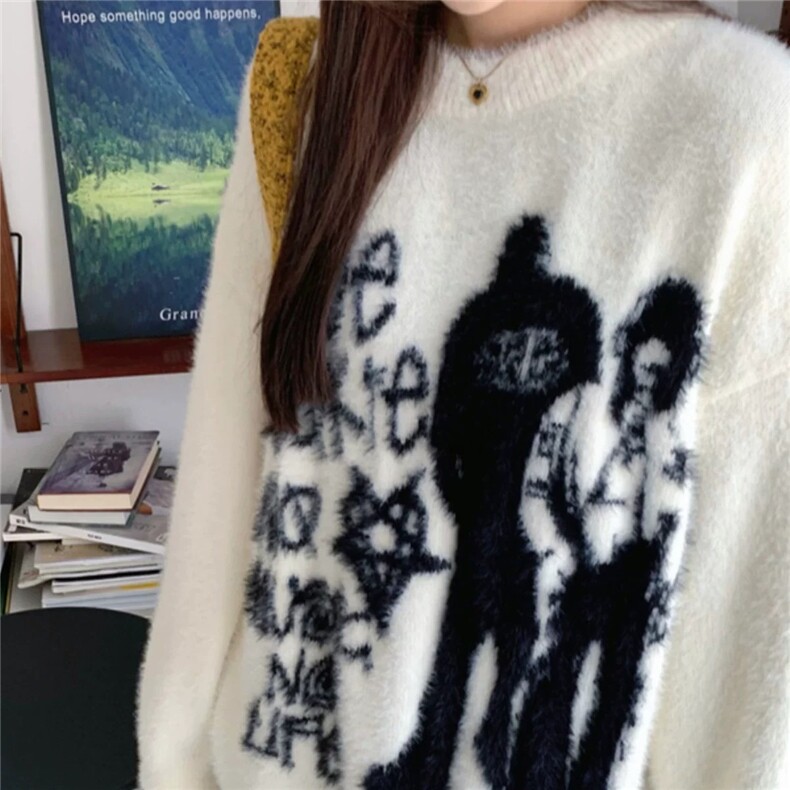 美式圆领字母印花毛衣秋冬情侣宽松休闲复古慵懒风百搭上衣,男装针织衫/毛衣,星座506A