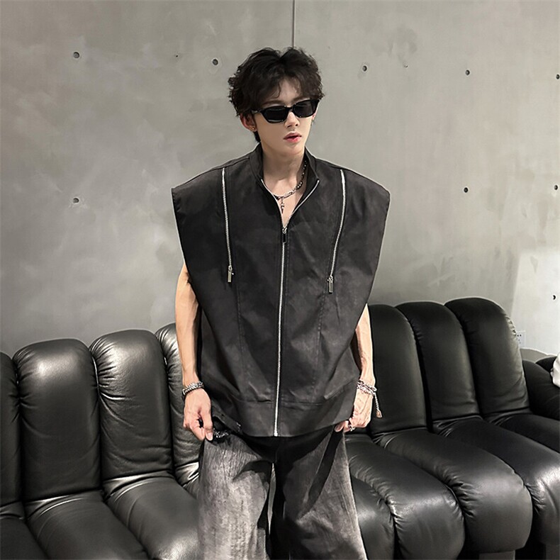 重金属拉链设计垫肩无袖背心潮牌美式脏脏布小短款马甲951P48，男装背心/马甲，电商A458A