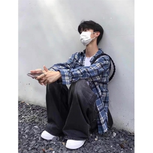 蓝色长袖格子衬衫男女生宽松百搭复古休闲慵懒感衬衣外套 CS301图片