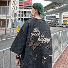 B239-1163-P38蝴蝶字母印花复古水洗做旧半袖重磅短袖T恤美式，男装T恤，星座514-2(原B239)