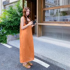姜黄色韩版无袖背心连衣裙女2025夏季新款减龄简单宽松显瘦长裙子，女装连衣裙，2D015