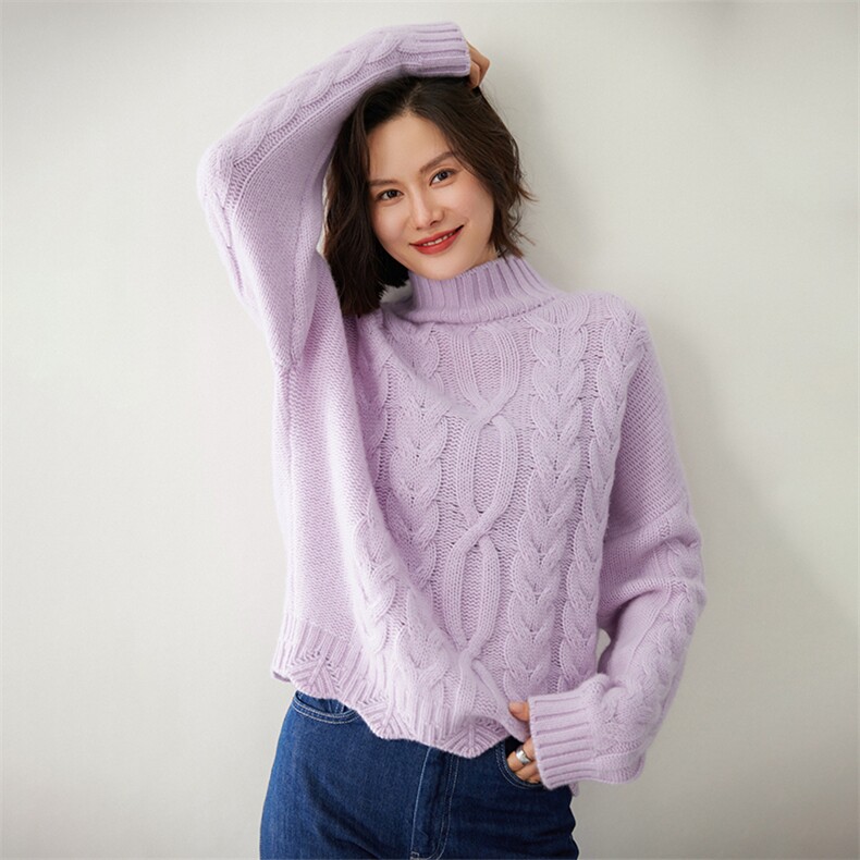 时尚麻花高领羊绒衫女士修身显瘦红色毛衣,女装羊绒衫,迎冬羊绒