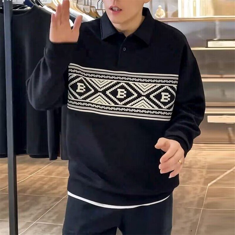 秋冬新款腰果花POLO衫翻领卫衣男潮流高档百搭宽松百搭长袖打底,男装T恤,星座506A